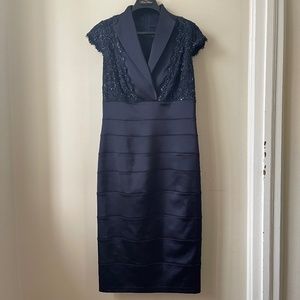 Beautiful Navy Dress with Cap Sleeves and Beaded Lace Bodice